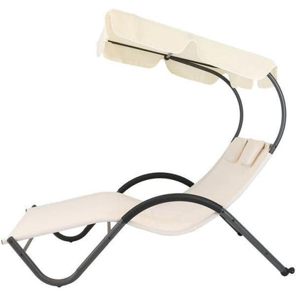 FastFurnishings 2 Person Off White Outdoor Patio Chaise Lounger Chair Canopy Bed with Pillows