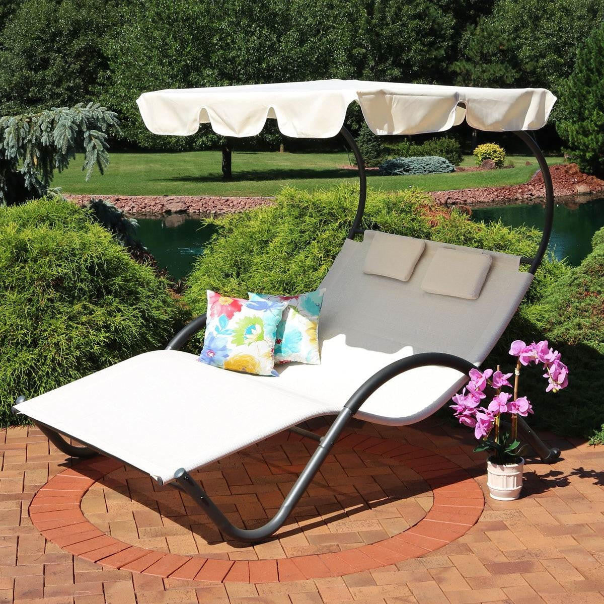 FastFurnishings 2 Person Off White Outdoor Patio Chaise Lounger Chair Canopy Bed with Pillows