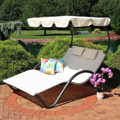 FastFurnishings 2 Person Off White Outdoor Patio Chaise Lounger Chair Canopy Bed with Pillows