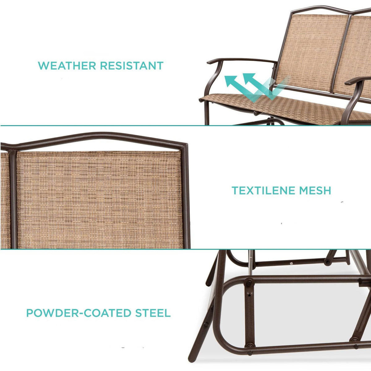 FastFurnishings 2 Seater Mesh Patio Loveseat Swing Glider Rocker with Armrests in Brown