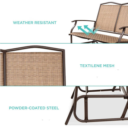 FastFurnishings 2 Seater Mesh Patio Loveseat Swing Glider Rocker with Armrests in Brown