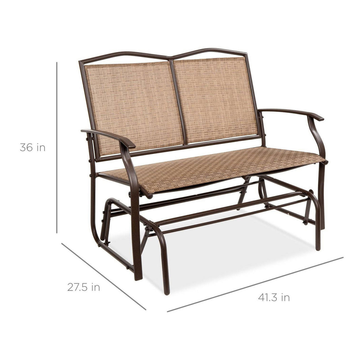 FastFurnishings 2 Seater Mesh Patio Loveseat Swing Glider Rocker with Armrests in Brown