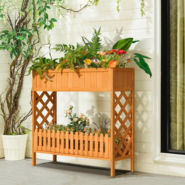 FastFurnishings 2 Tier Raised Garden Bed Elevated Fir Wood Planter Box