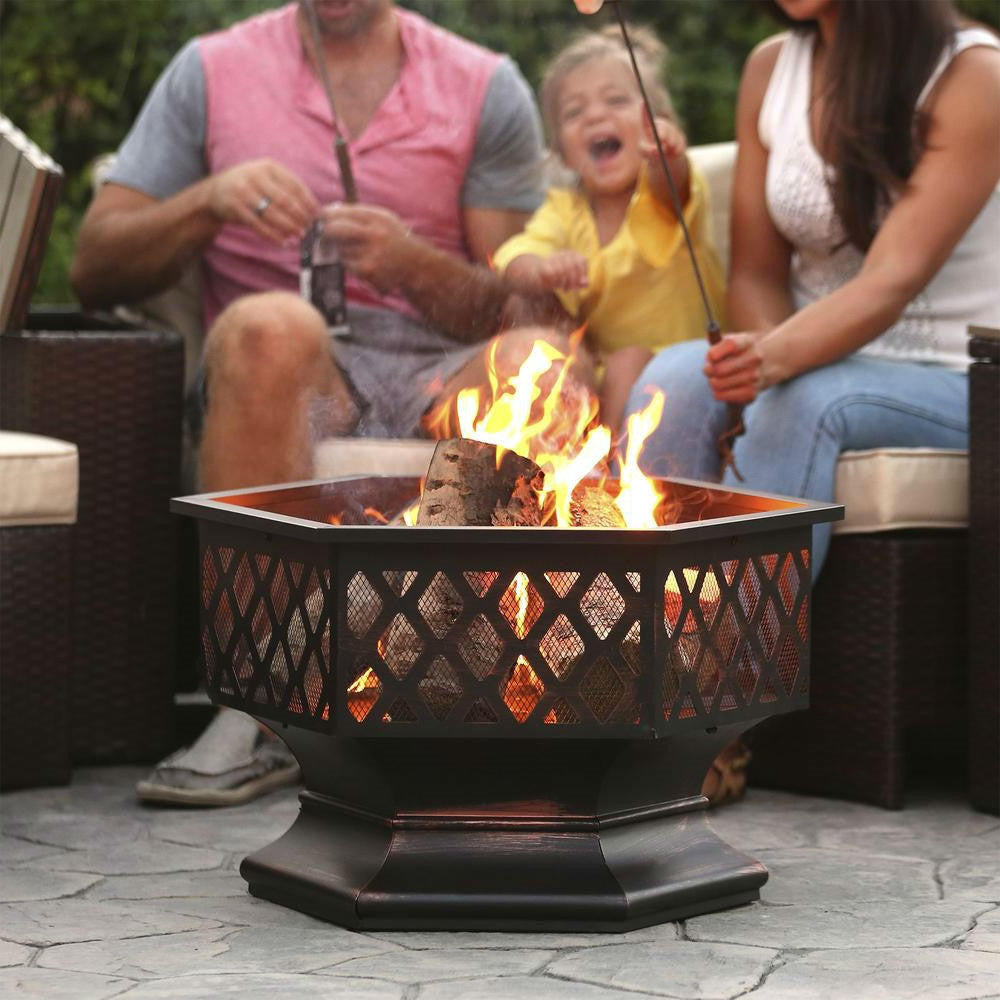 FastFurnishings 24 Inch Steel Distressed Bronze Lattice Design Fire Pit With Cover