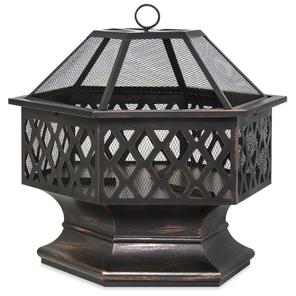 FastFurnishings 24 Inch Steel Distressed Bronze Lattice Design Fire Pit With Cover