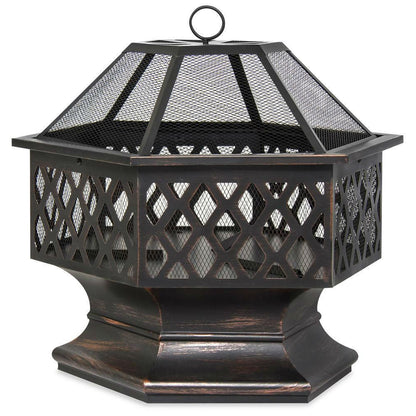 FastFurnishings 24 Inch Steel Distressed Bronze Lattice Design Fire Pit With Cover