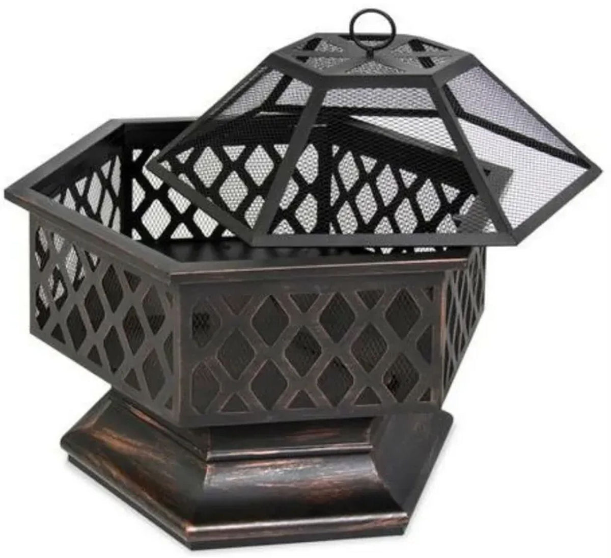 FastFurnishings 24 Inch Steel Distressed Bronze Lattice Design Fire Pit With Cover