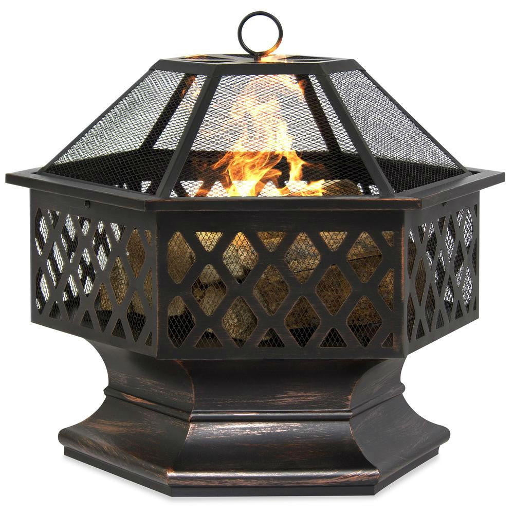FastFurnishings 24 Inch Steel Distressed Bronze Lattice Design Fire Pit With Cover