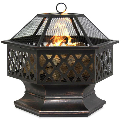 FastFurnishings 24 Inch Steel Distressed Bronze Lattice Design Fire Pit With Cover