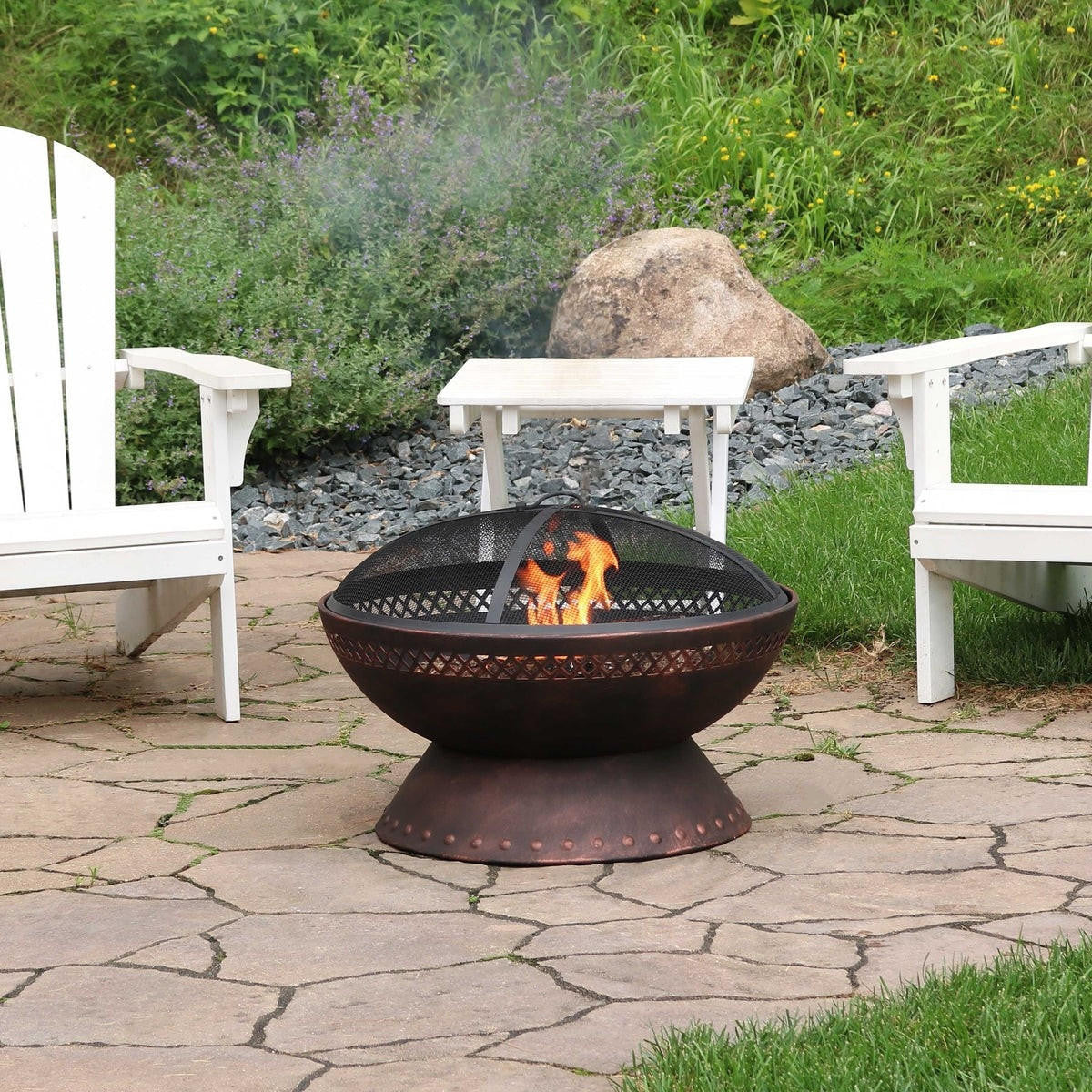 FastFurnishings 25 Inch Copper Chalice Steel Fire Pit with Spark Screen