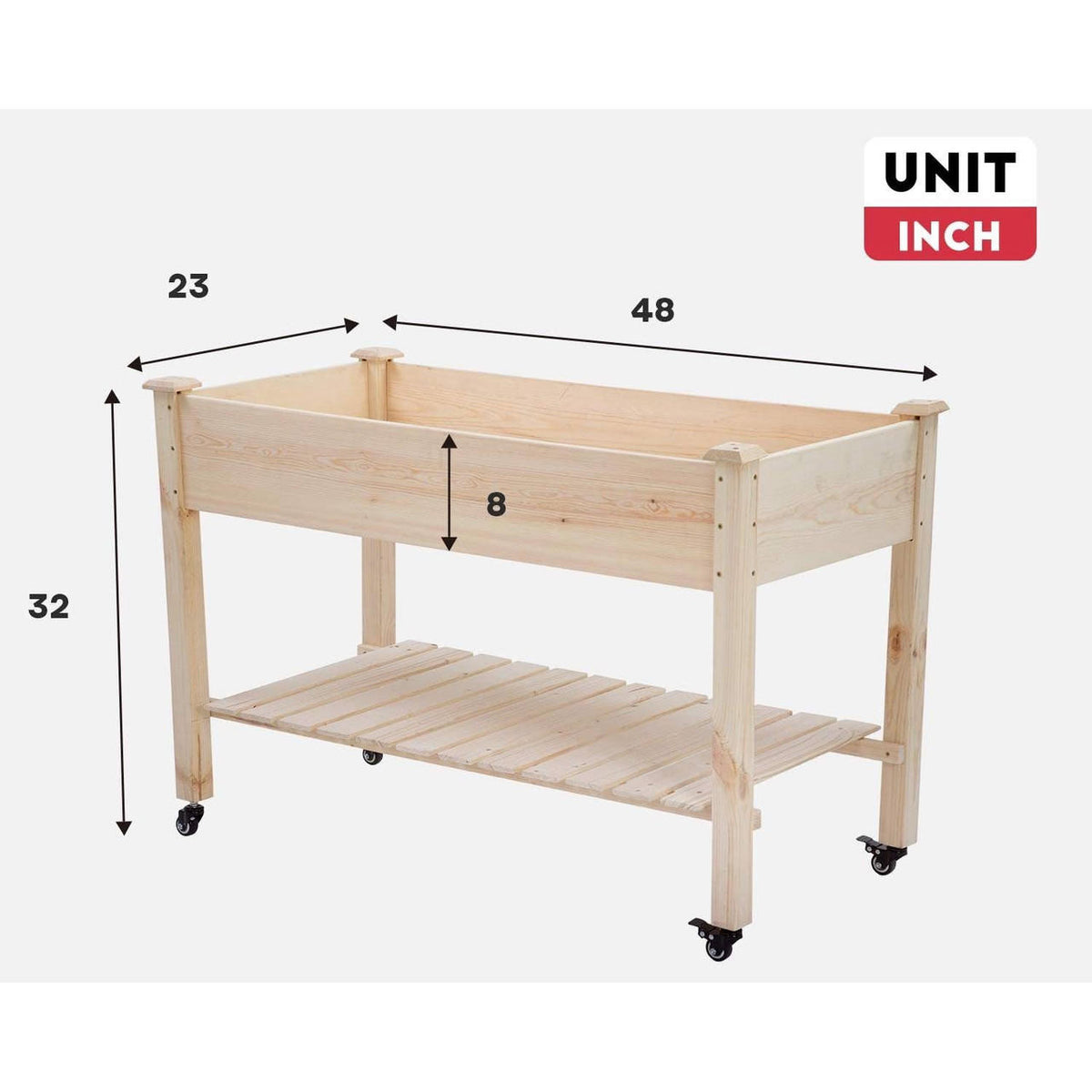 FastFurnishings 2ft x 4ft Outdoor Solid Fir Wood Raised Garden Bed Planter Box on Locking Wheels
