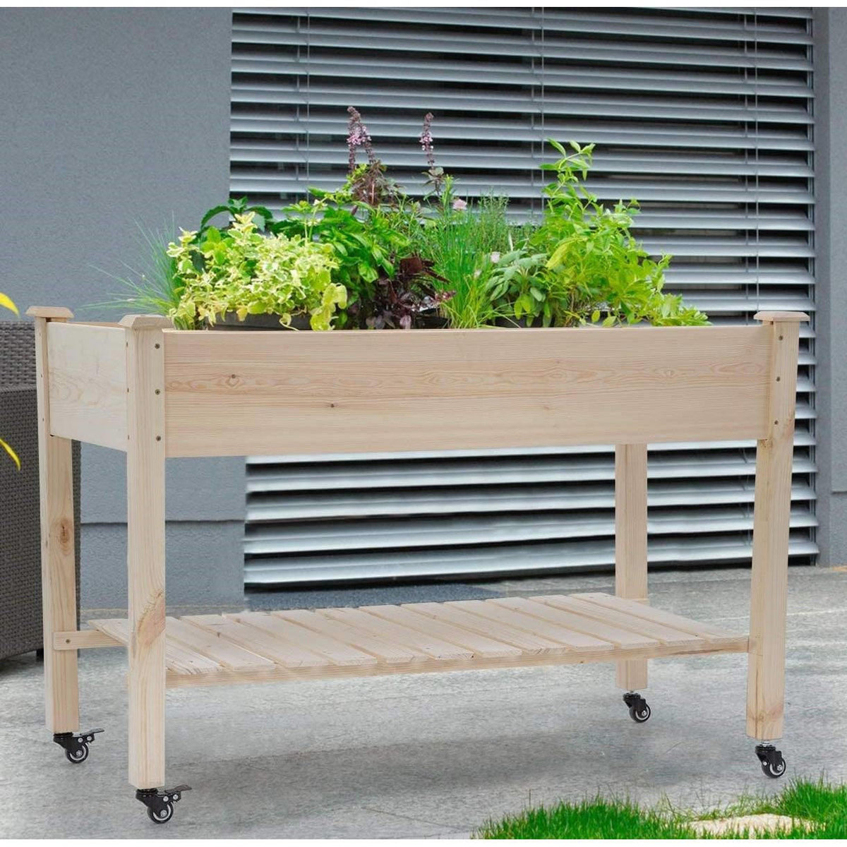 FastFurnishings 2ft x 4ft Outdoor Solid Fir Wood Raised Garden Bed Planter Box on Locking Wheels