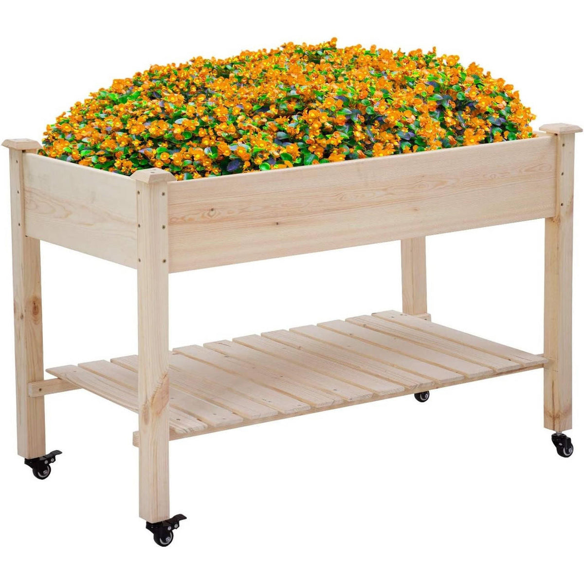 FastFurnishings 2ft x 4ft Outdoor Solid Fir Wood Raised Garden Bed Planter Box on Locking Wheels