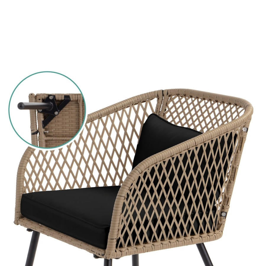 FastFurnishings 3 Piece Beige/Black Outdoor Weave Wicker Bistro w/ Tempered Glass Side Table Set