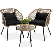 FastFurnishings 3 Piece Beige/Black Outdoor Weave Wicker Bistro w/ Tempered Glass Side Table Set