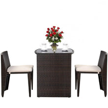 FastFurnishings 3 Piece Compact Espresso/White Wicker Patio Cushioned Outdoor Chair Table Set