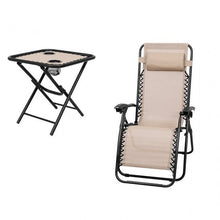 FastFurnishings 3 Piece Folding Portable Reclining Lounge Chairs Table Set Tan
