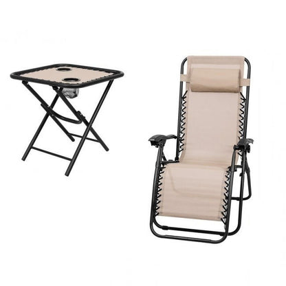 FastFurnishings 3 Piece Folding Portable Reclining Lounge Chairs Table Set Tan