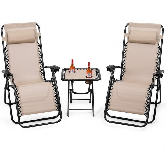 FastFurnishings 3 Piece Folding Portable Reclining Lounge Chairs Table Set Tan