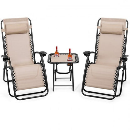 FastFurnishings 3 Piece Folding Portable Reclining Lounge Chairs Table Set Tan