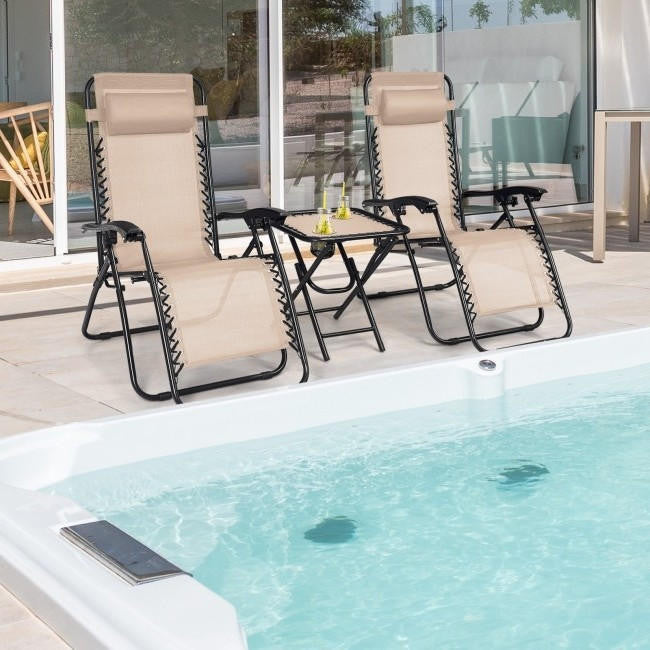 FastFurnishings 3 Piece Folding Portable Reclining Lounge Chairs Table Set Tan