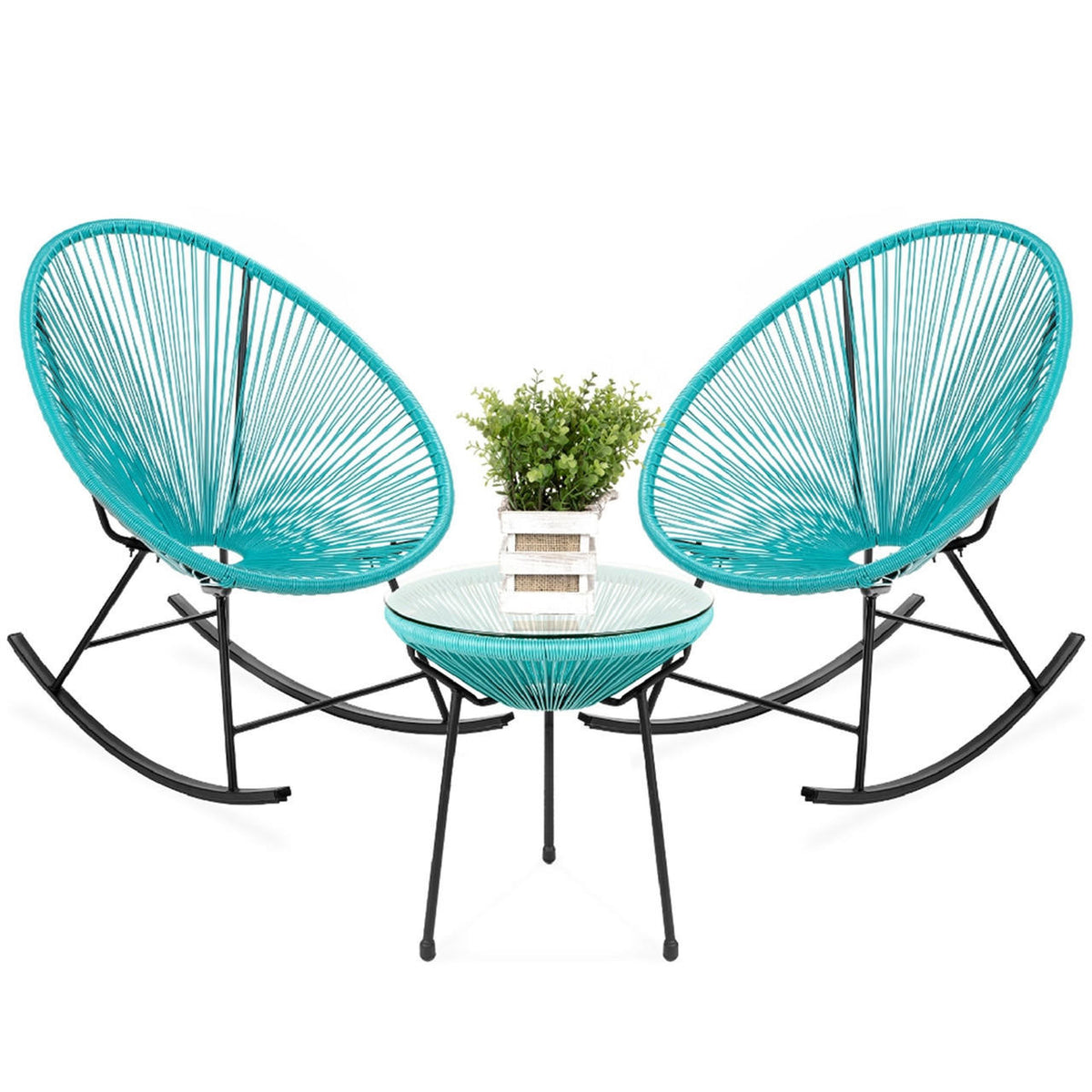 FastFurnishings 3 Piece Teal Oval Patio Woven Rocking Chair Bistro Set