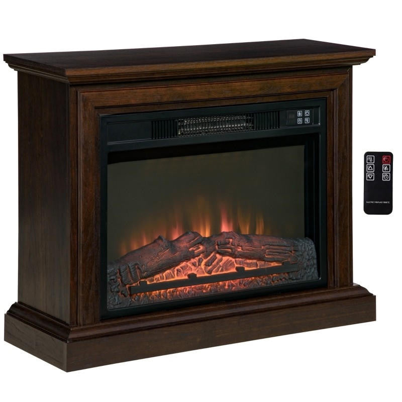 FastFurnishings 31 inch Brown Electric Fireplace Heater Dimmable Flame Effect and Mantel w/ Remote Control