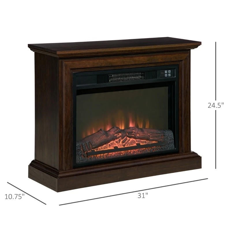 FastFurnishings 31 inch Brown Electric Fireplace Heater Dimmable Flame Effect and Mantel w/ Remote Control