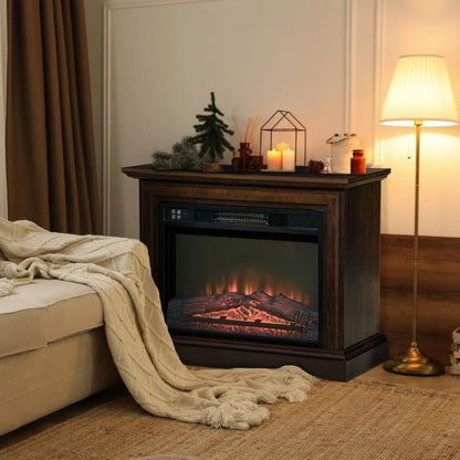 FastFurnishings 31 inch Brown Electric Fireplace Heater Dimmable Flame Effect and Mantel w/ Remote Control