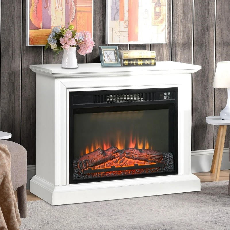 FastFurnishings 31 inch White Electric Fireplace Heater Dimmable Flame Effect and Mantel w/ Remote Control