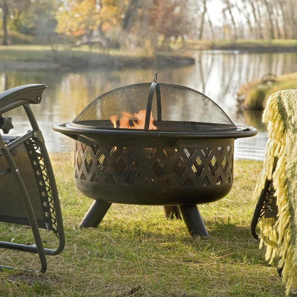 FastFurnishings 36-inch Bronze Fire Pit with Grill Grate Spark Screen Cover