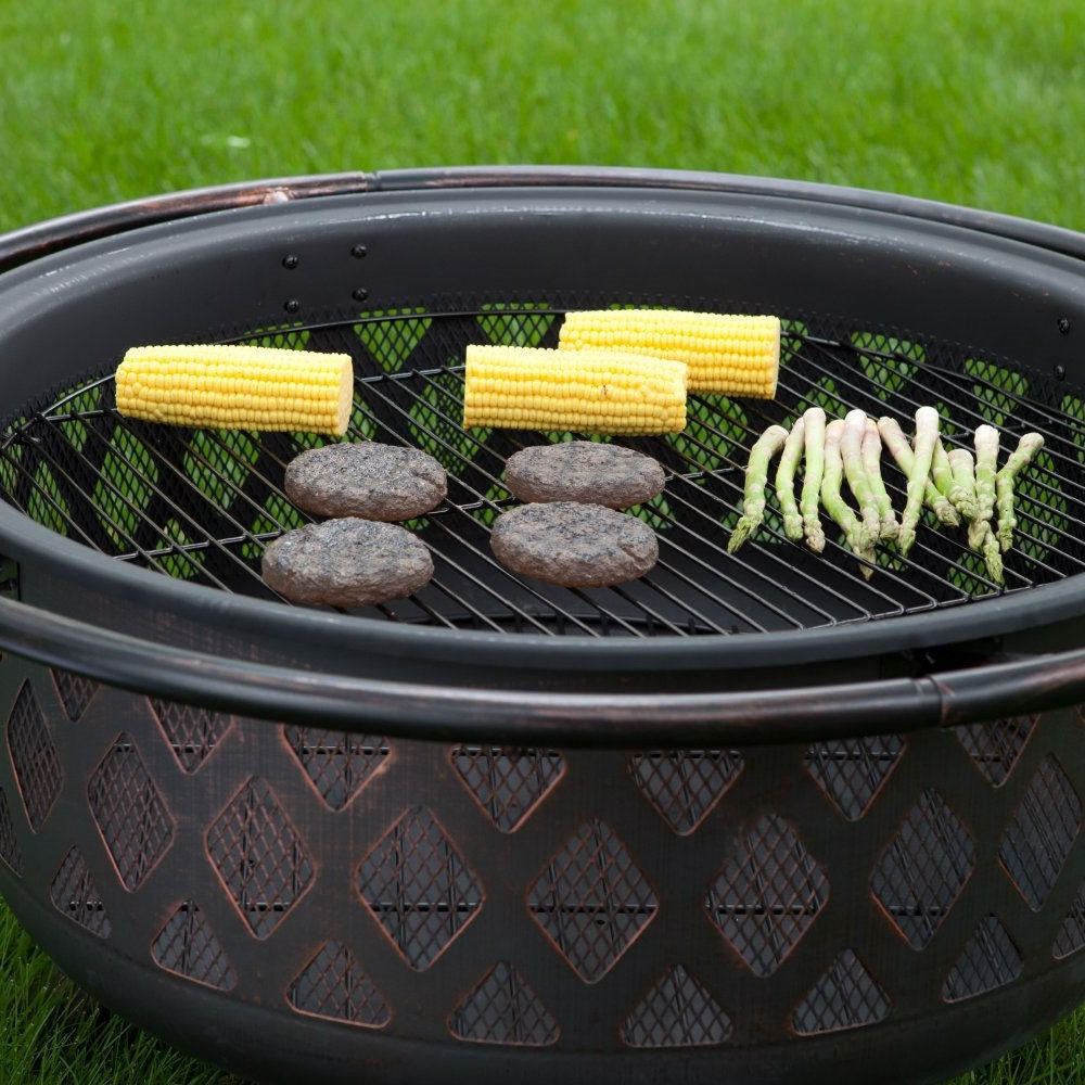 FastFurnishings 36-inch Bronze Fire Pit with Grill Grate Spark Screen Cover
