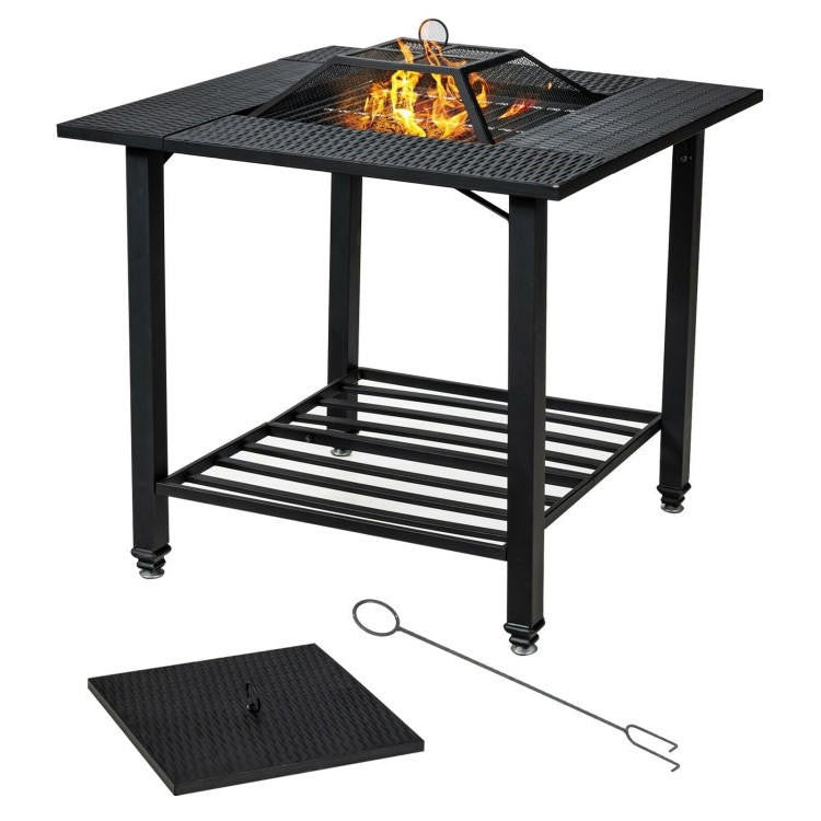 FastFurnishings 4 in 1 Square Fire Pit, Grill Cooking BBQ Grate, Ice Bucket, Dining Table