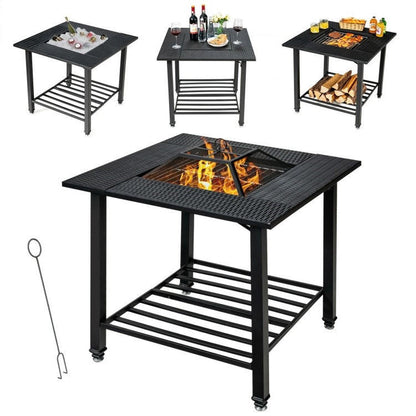 FastFurnishings 4 in 1 Square Fire Pit, Grill Cooking BBQ Grate, Ice Bucket, Dining Table
