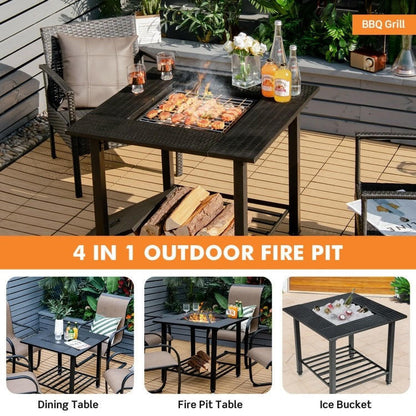 FastFurnishings 4 in 1 Square Fire Pit, Grill Cooking BBQ Grate, Ice Bucket, Dining Table