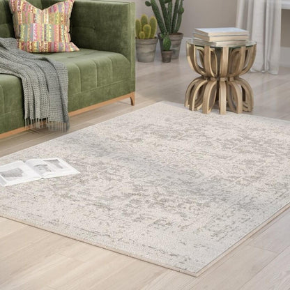 FastFurnishings 5' x 7' Distressed Oriental Area Rug in Light Grey / Beige