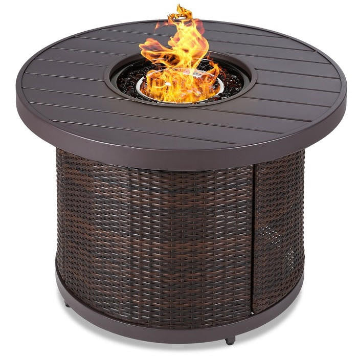 FastFurnishings 50,000 BTU Brown Wicker Round LP Gas Propane Fire Pit w/ Faux Wood Tabletop and Cover