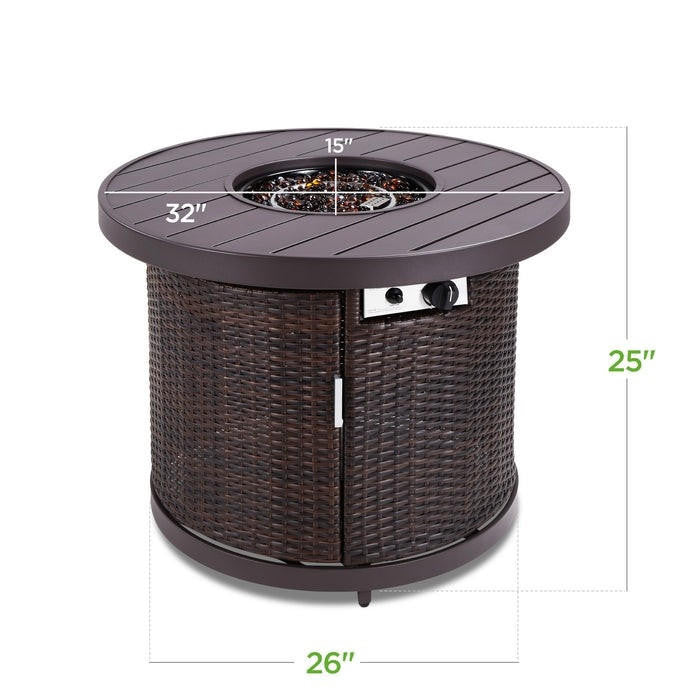 FastFurnishings 50,000 BTU Brown Wicker Round LP Gas Propane Fire Pit w/ Faux Wood Tabletop and Cover