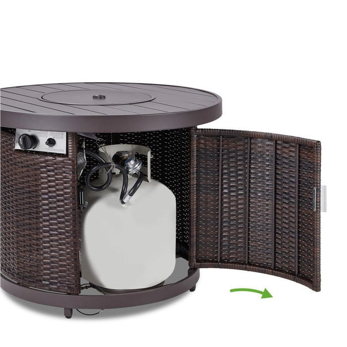 FastFurnishings 50,000 BTU Brown Wicker Round LP Gas Propane Fire Pit w/ Faux Wood Tabletop and Cover