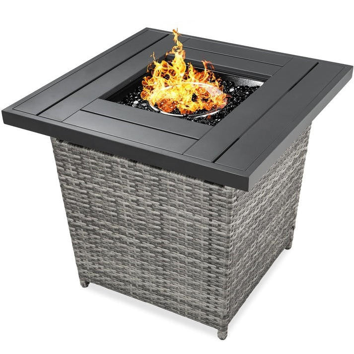 FastFurnishings 50,000 BTU Grey Wicker LP Gas Propane Fire Pit w/ Faux Wood Tabletop and Cover