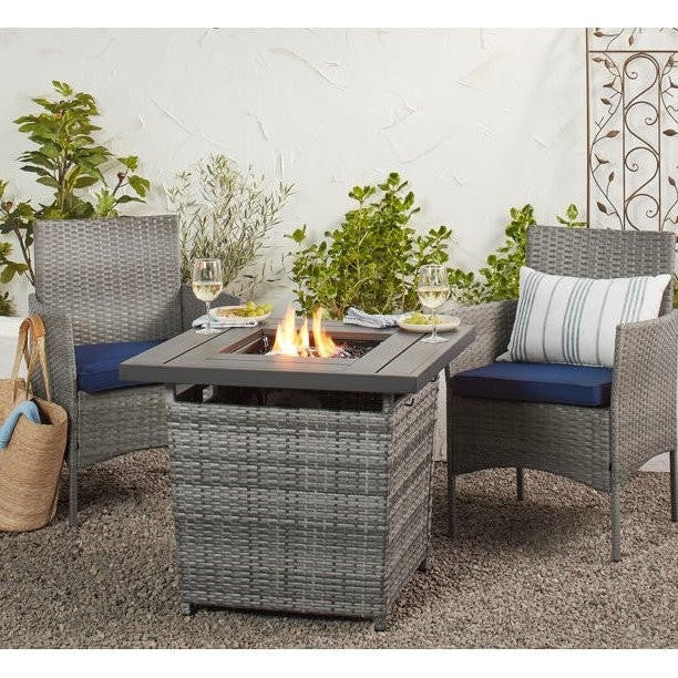 FastFurnishings 50,000 BTU Grey Wicker LP Gas Propane Fire Pit w/ Faux Wood Tabletop and Cover