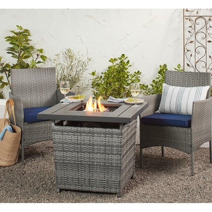 FastFurnishings 50,000 BTU Grey Wicker LP Gas Propane Fire Pit w/ Faux Wood Tabletop and Cover