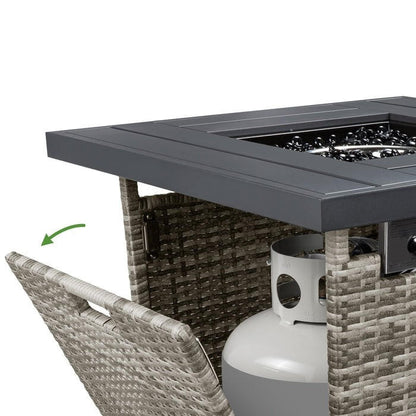 FastFurnishings 50,000 BTU Grey Wicker LP Gas Propane Fire Pit w/ Faux Wood Tabletop and Cover