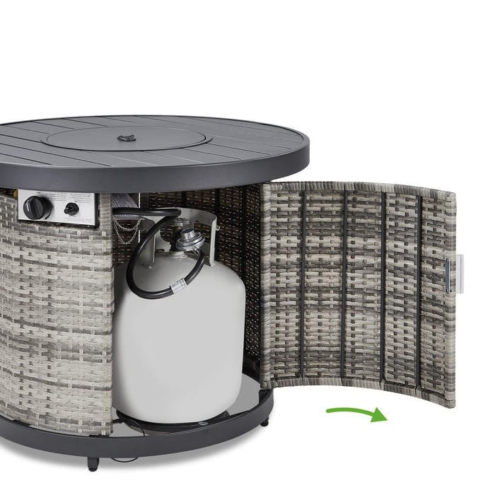 FastFurnishings 50,000 BTU Grey Wicker Round LP Gas Propane Fire Pit w/ Faux Wood Tabletop and Cover