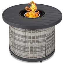 FastFurnishings 50,000 BTU Grey Wicker Round LP Gas Propane Fire Pit w/ Faux Wood Tabletop and Cover