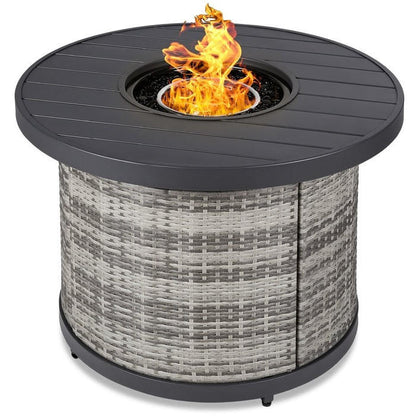FastFurnishings 50,000 BTU Grey Wicker Round LP Gas Propane Fire Pit w/ Faux Wood Tabletop and Cover