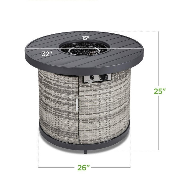 FastFurnishings 50,000 BTU Grey Wicker Round LP Gas Propane Fire Pit w/ Faux Wood Tabletop and Cover