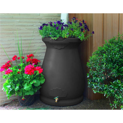 FastFurnishings Black 65-Gallon Plastic Urn Rain Barrel with Planter Top