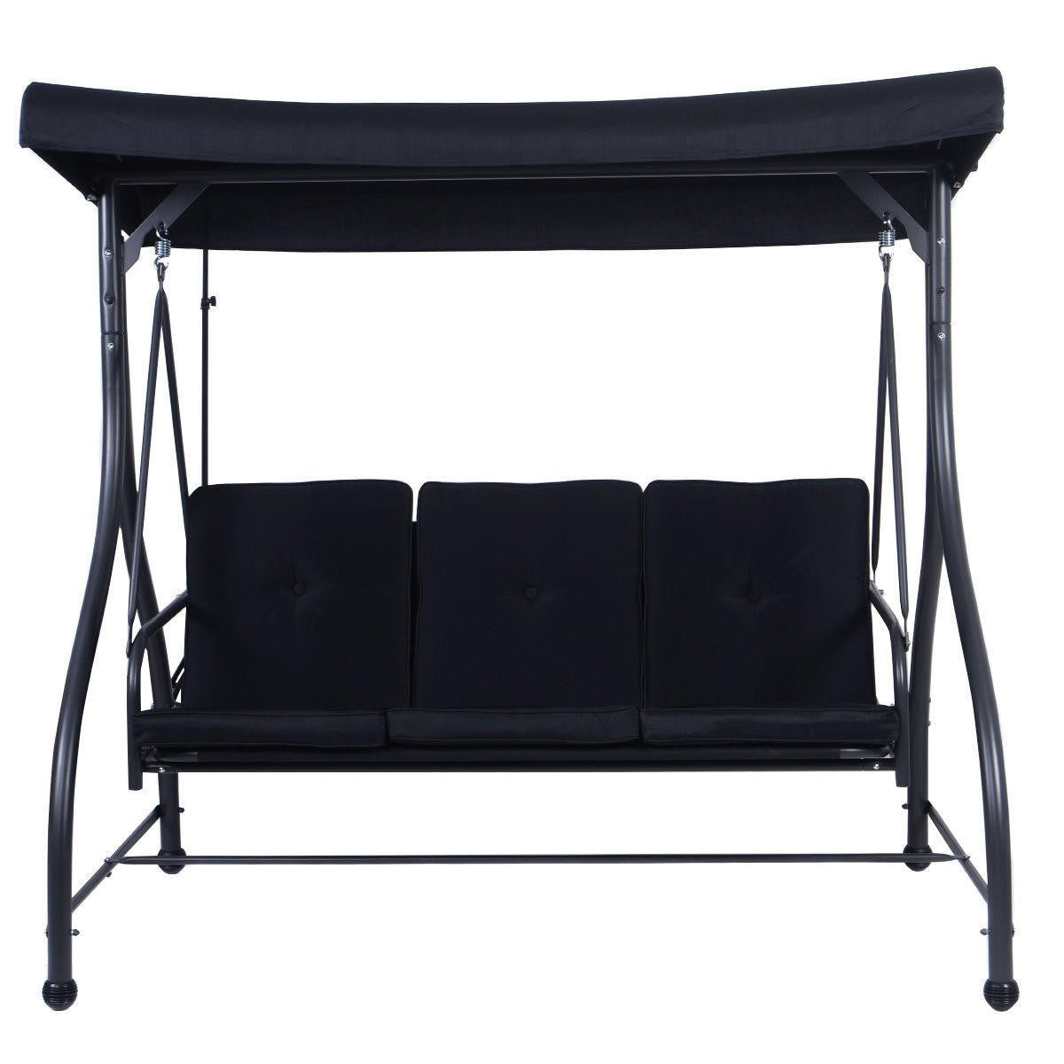 FastFurnishings Black Adjustable 3 Seat Cushioned Porch Patio Canopy Swing Chair