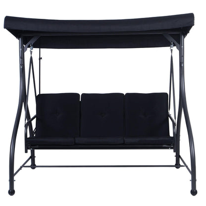 FastFurnishings Black Adjustable 3 Seat Cushioned Porch Patio Canopy Swing Chair
